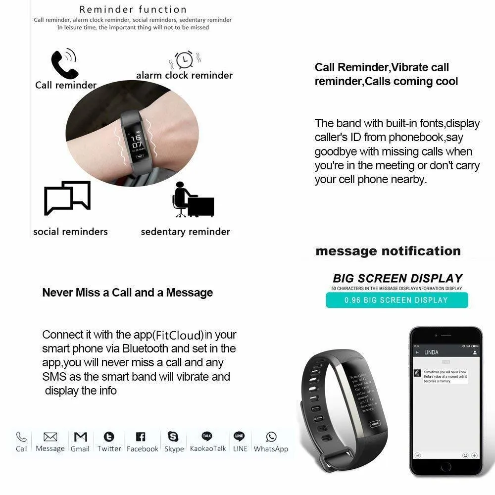 0.96'' OLED Smart Bracelet, Blood Pressure Sleeping Activity IOS & Android