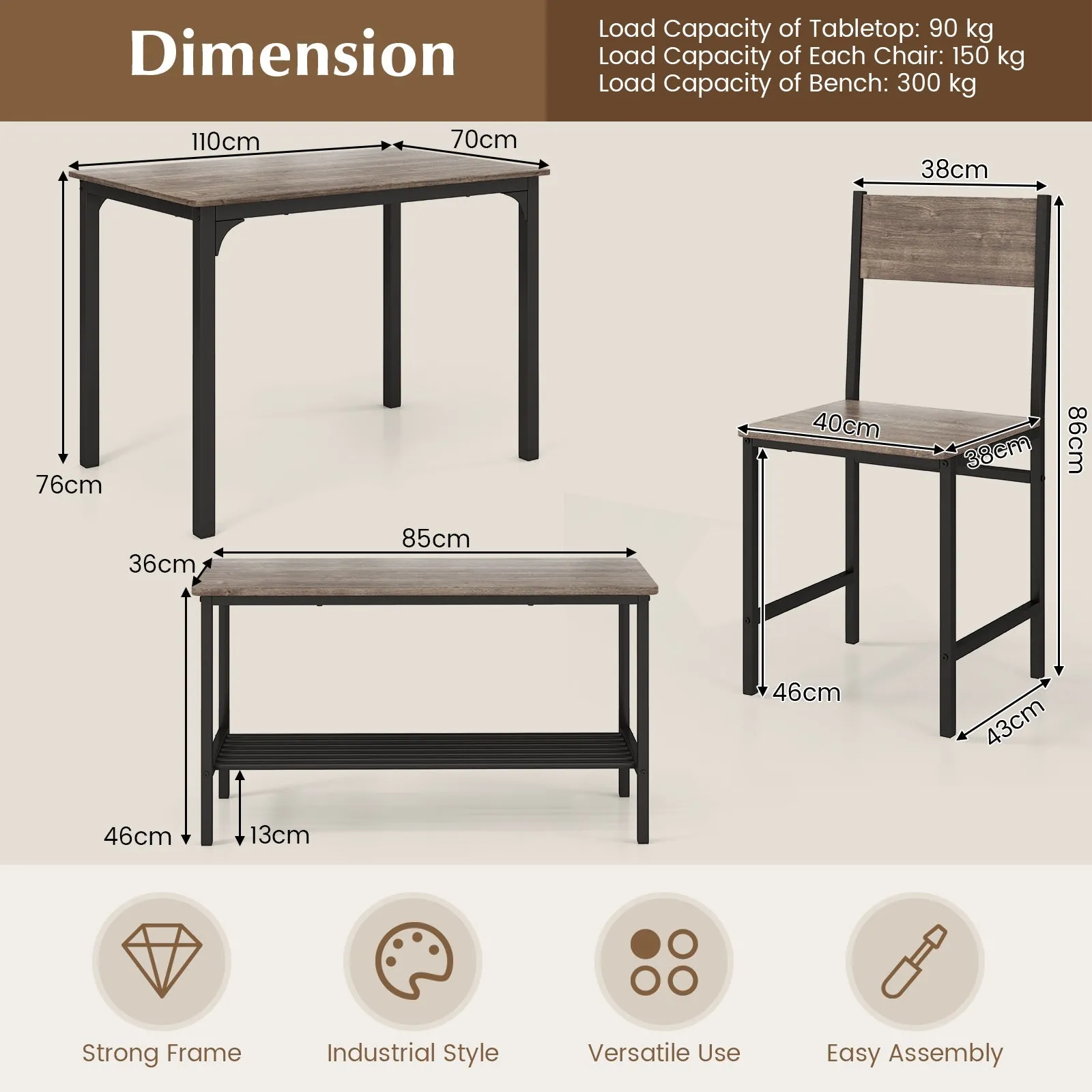 4-Piece Dining Table Set with Storage Shelf and Metal Frame-Grey