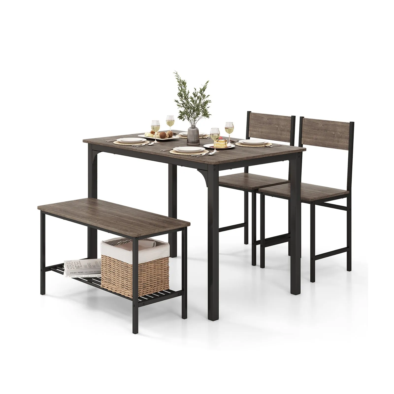 4-Piece Dining Table Set with Storage Shelf and Metal Frame-Grey