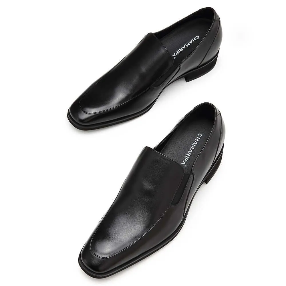 7CM / 2.76 Inches - CMR CHAMARIPA Elevator Loafers For Men Hidden Heel Shoes Black Calfskin Leather