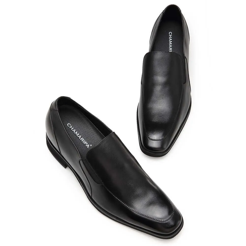 7CM / 2.76 Inches - CMR CHAMARIPA Elevator Loafers For Men Hidden Heel Shoes Black Calfskin Leather