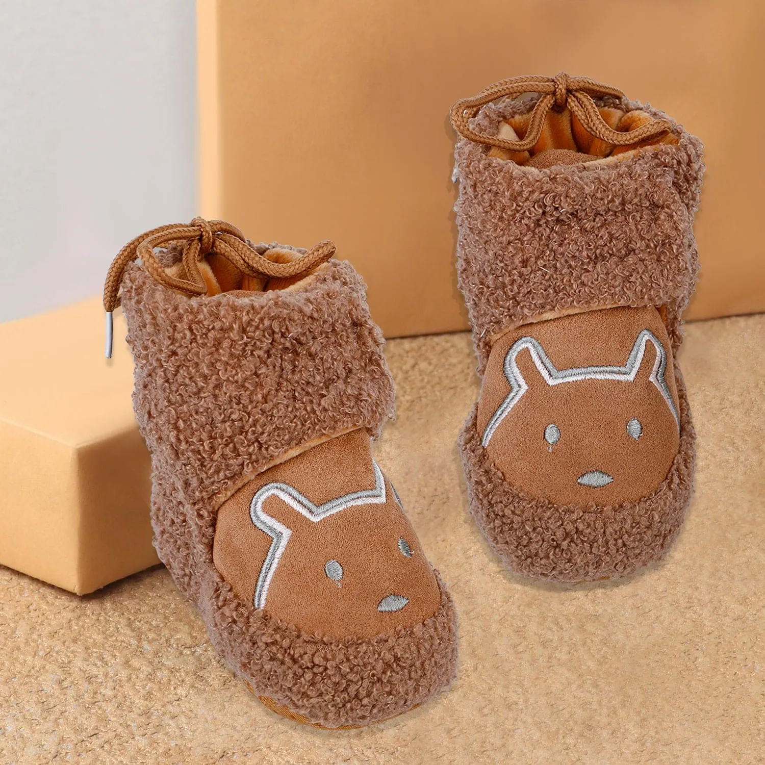 Baby Moo Bear Soft Fleece Lined Velcro Anti Skid Booties - Brown