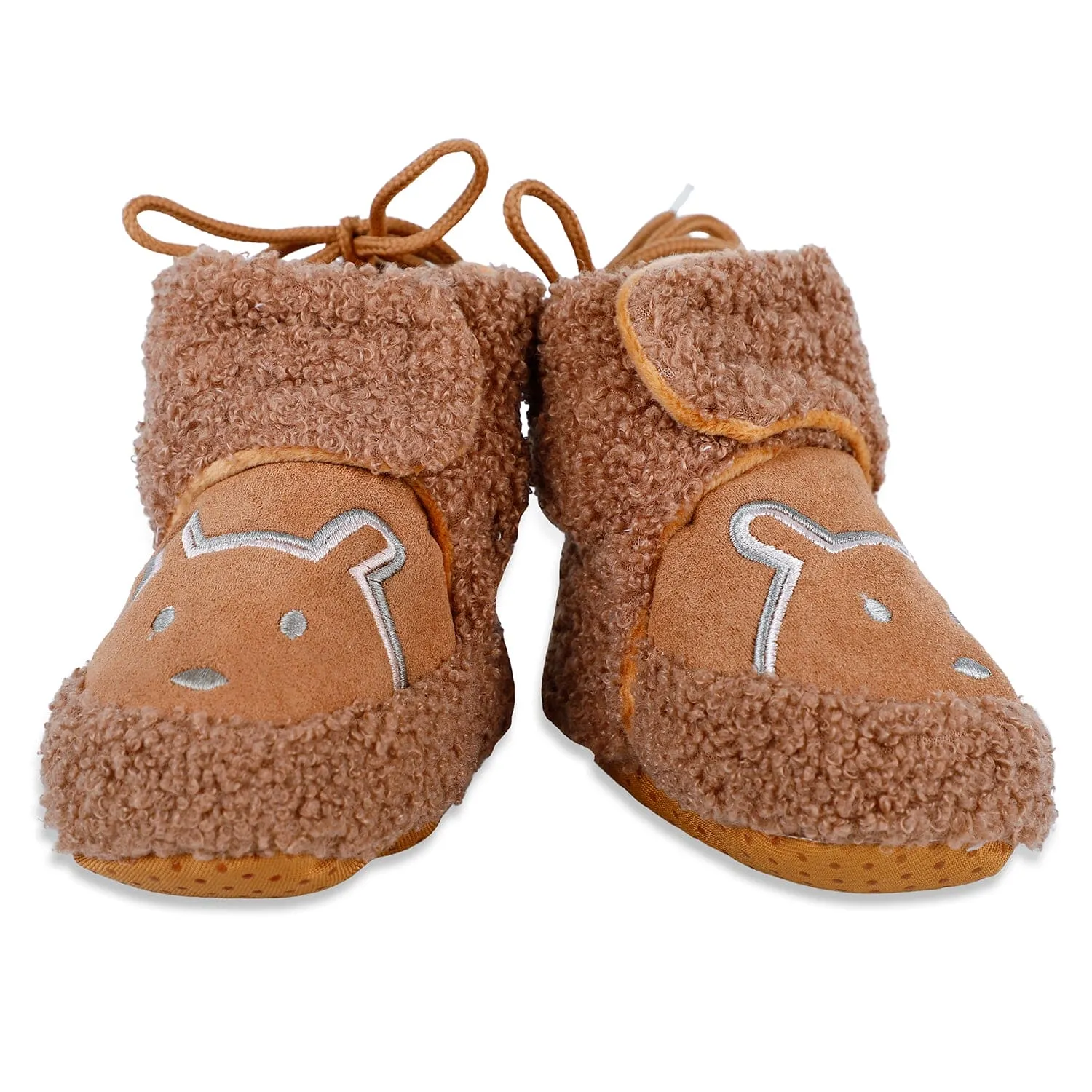 Baby Moo Bear Soft Fleece Lined Velcro Anti Skid Booties - Brown