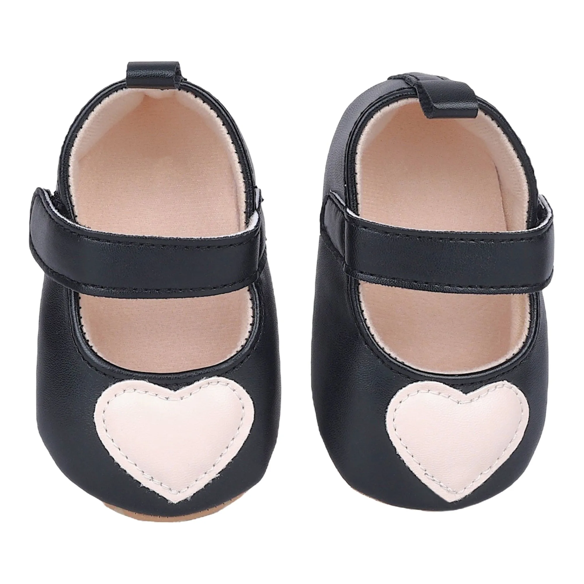 Baby Moo Beige Heart Velcro Strap Anti-Skid Ballerina Booties - Black