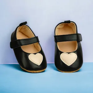 Baby Moo Beige Heart Velcro Strap Anti-Skid Ballerina Booties - Black