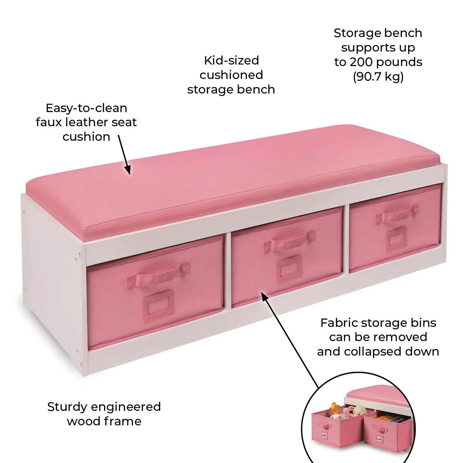 Badger Basket Kid's Storage Bench with Cushion and Three Bins