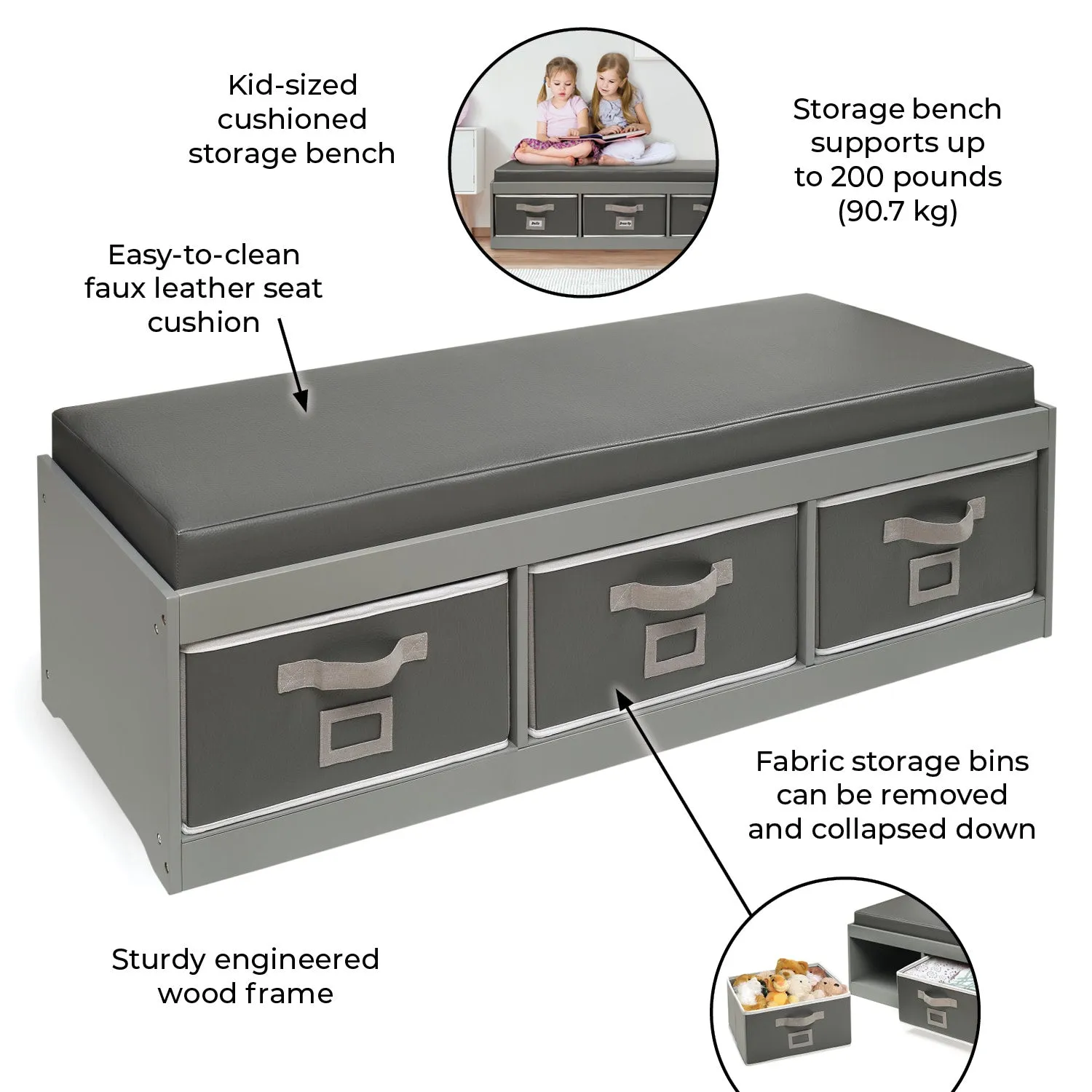 Badger Basket Kid's Storage Bench with Cushion and Three Bins