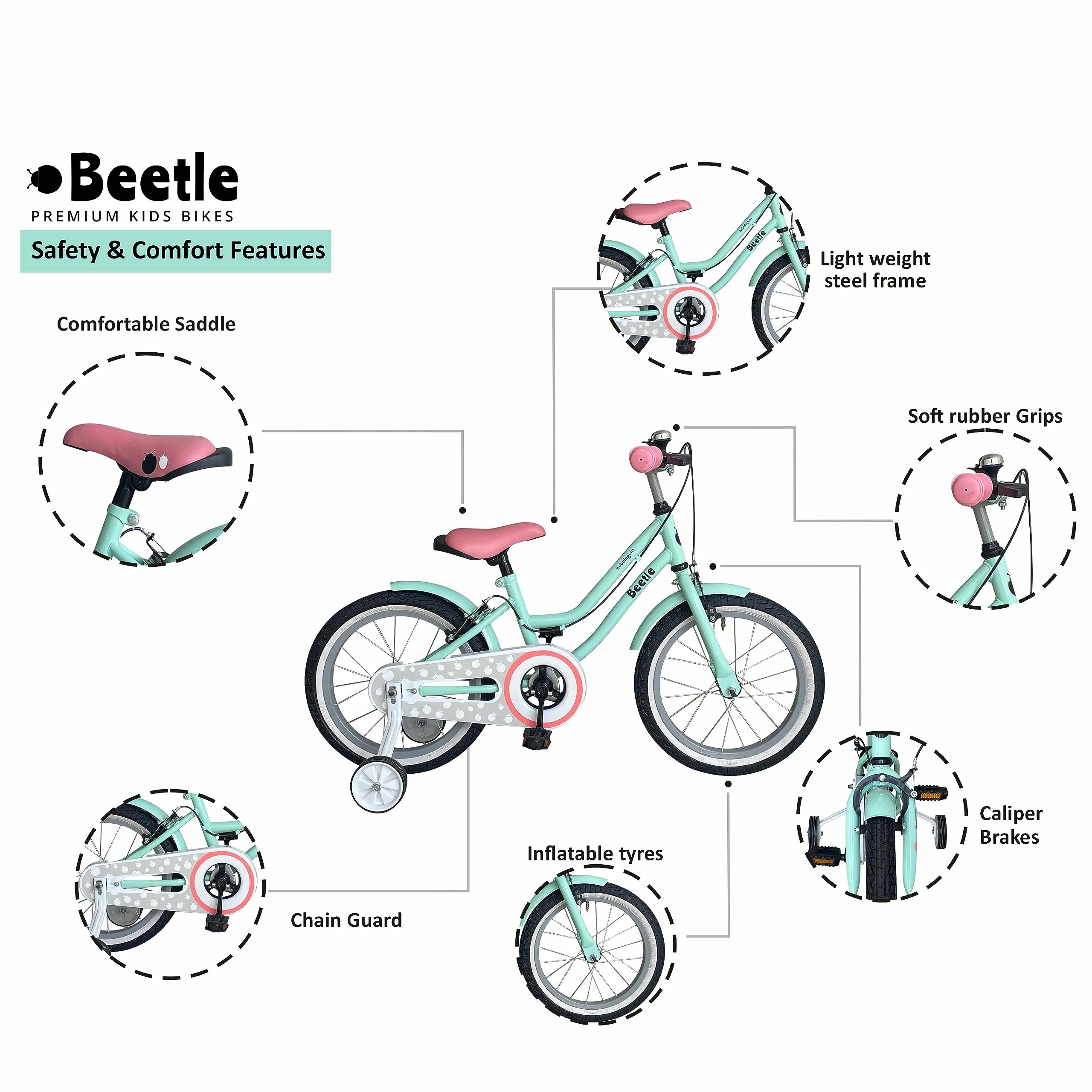 Beetle Bubblegum 16T Kids Bike, 10 Inch Frame, Turquoise Blue, Single Speed Steel Frame Bike with Support Wheels, Ideal for 5-7 Years Unisex, Height 3-4 feet