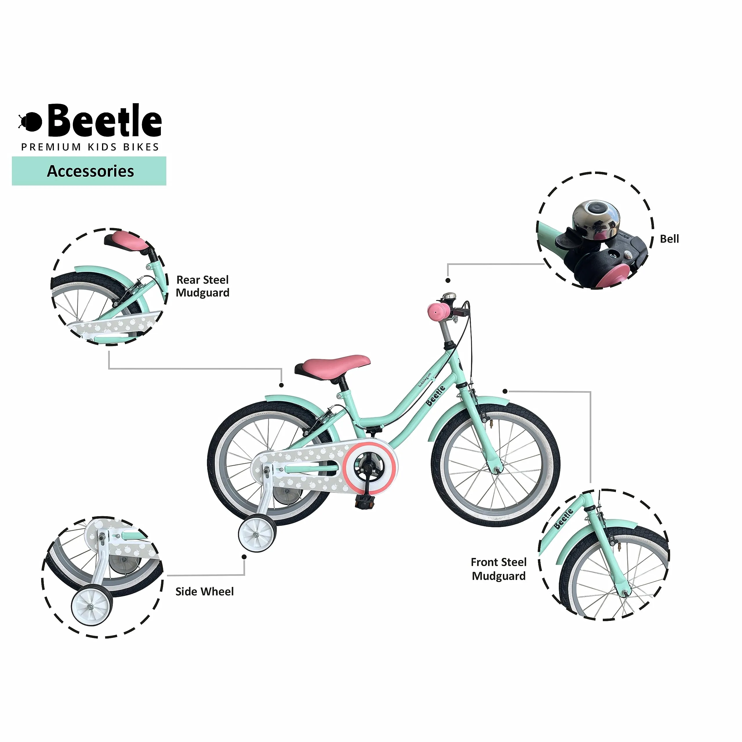 Beetle Bubblegum 16T Kids Bike, 10 Inch Frame, Turquoise Blue, Single Speed Steel Frame Bike with Support Wheels, Ideal for 5-7 Years Unisex, Height 3-4 feet