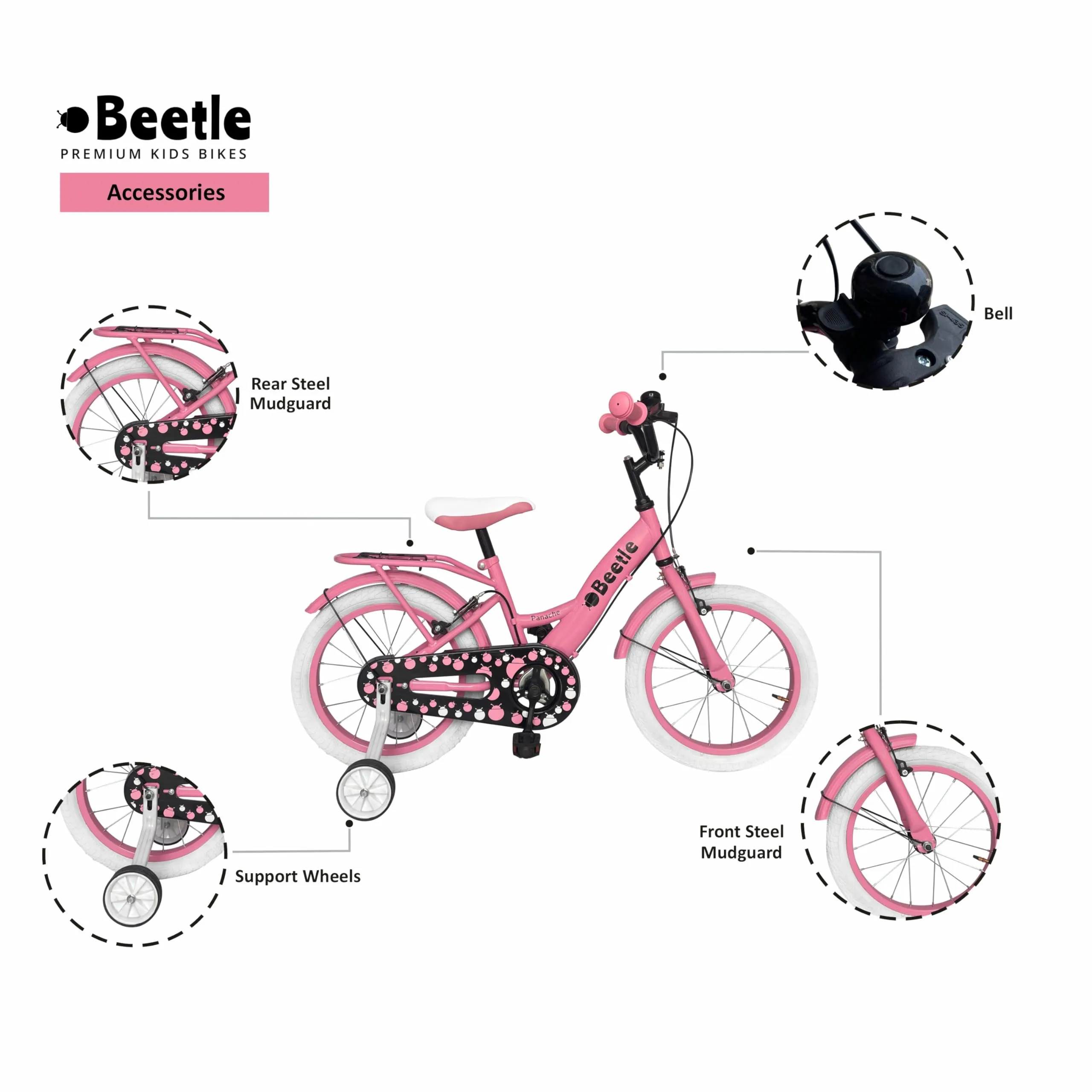 Beetle Panache 16T Kids Bike, 10 Inch Frame, Pink, Single Speed Steel Frame Bike with Support Wheels, Ideal for 5-7 Years Unisex, Height 3-4 feet