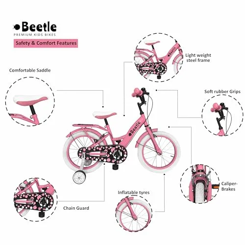 Beetle Panache 16T Kids Bike, 10 Inch Frame, Pink, Single Speed Steel Frame Bike with Support Wheels, Ideal for 5-7 Years Unisex, Height 3-4 feet