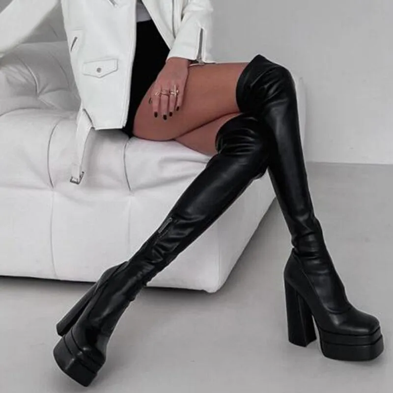 Black Chunky Square Heel Thigh High Over The Knee Boots