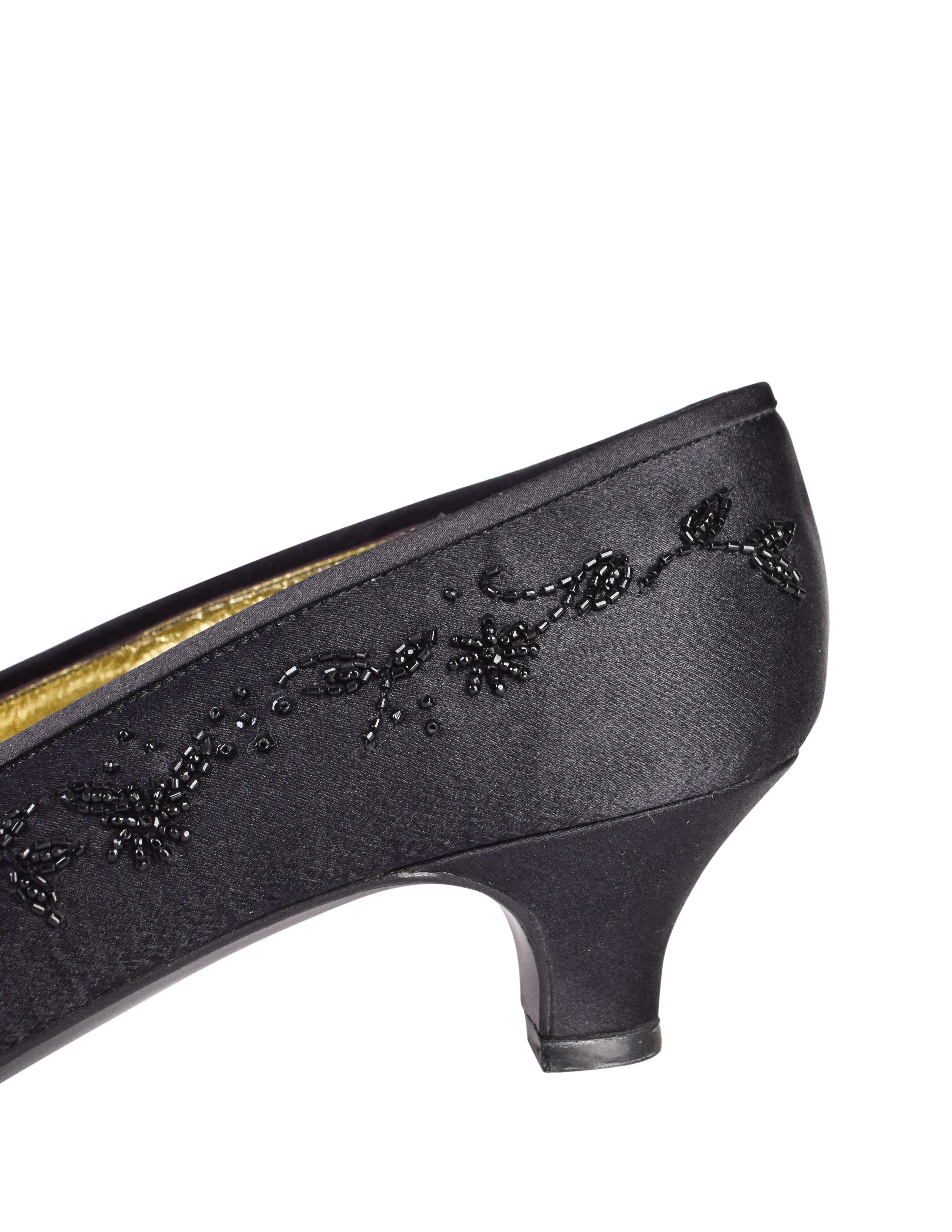 Chanel Vintage 1980s Black Beaded Embellished Satin Low Heel Pumps