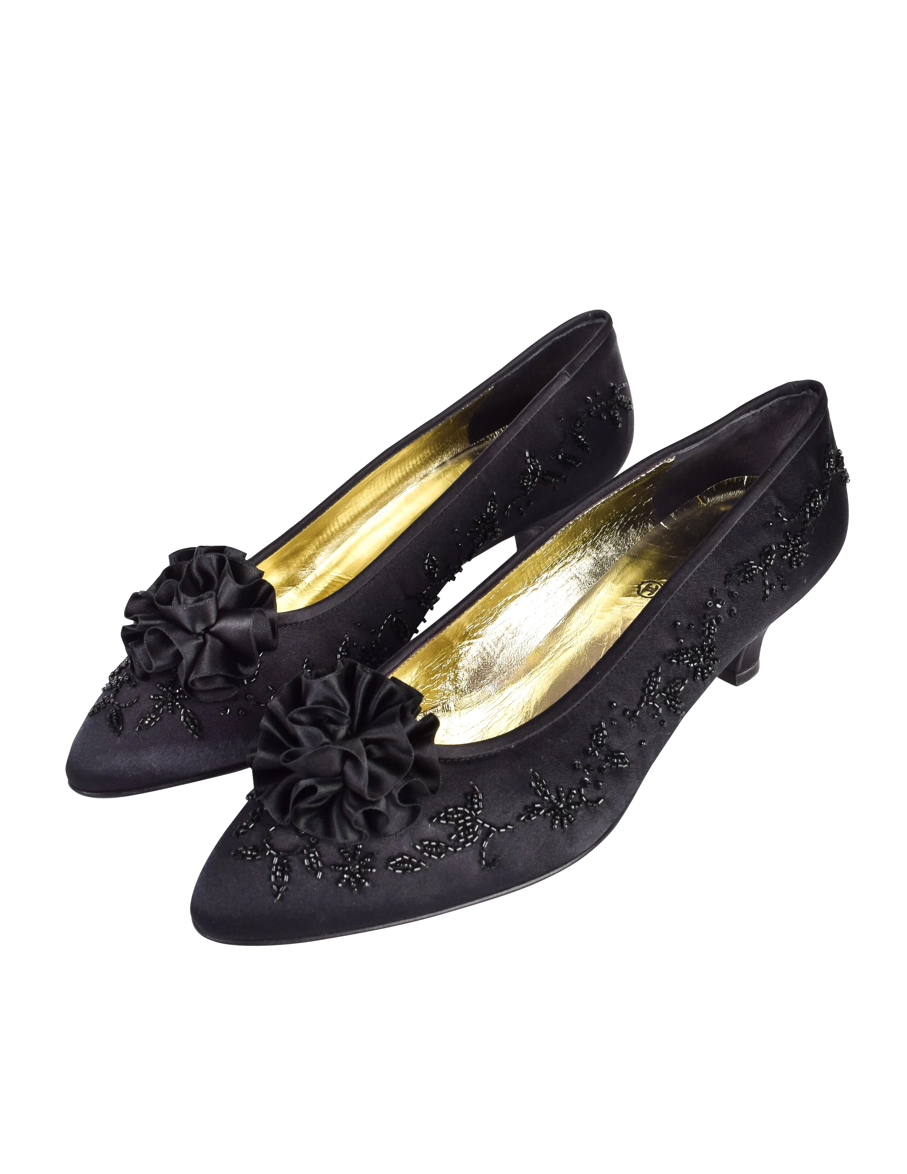 Chanel Vintage 1980s Black Beaded Embellished Satin Low Heel Pumps