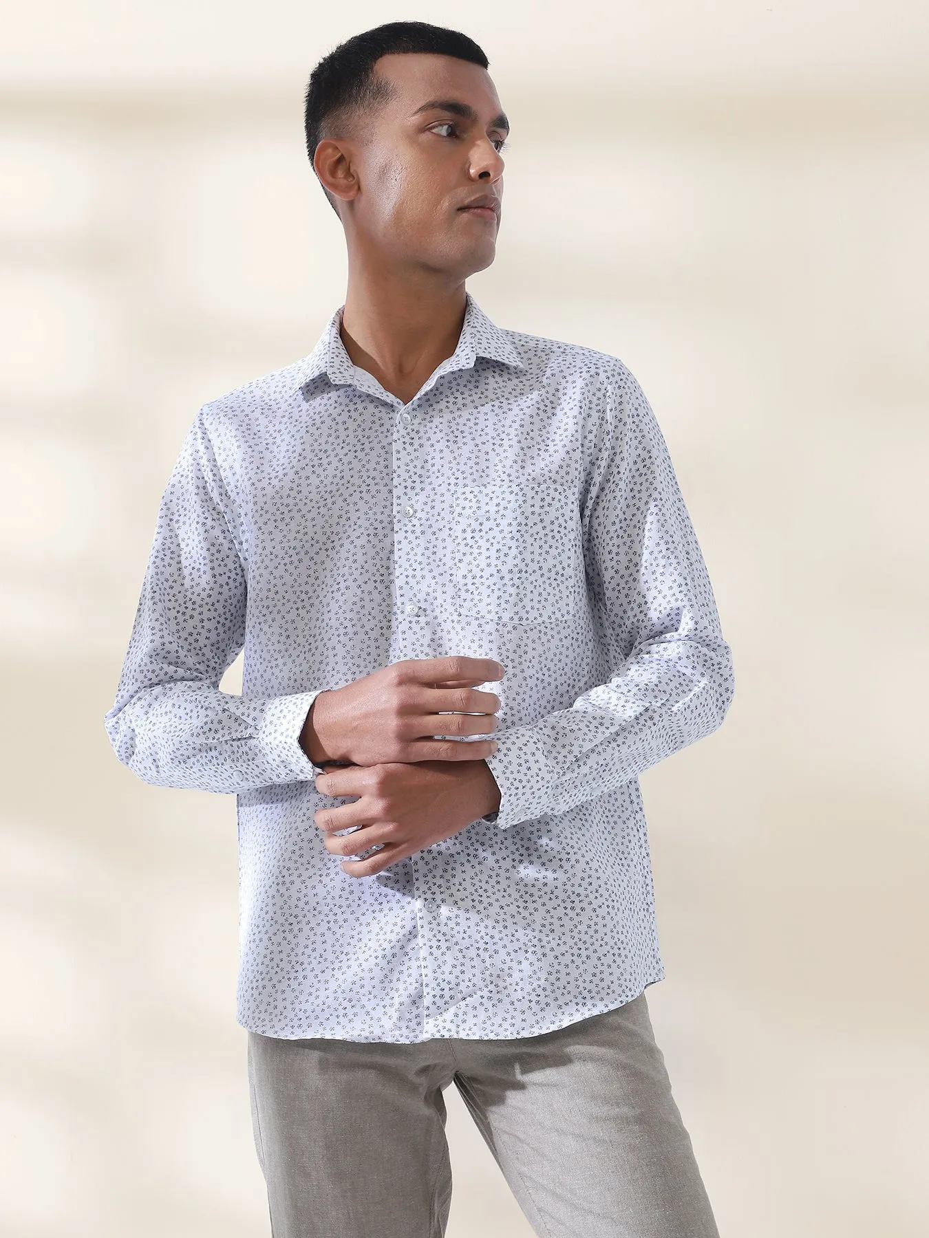 Cotton Linen White Printed Full Sleeve Formal Shirt