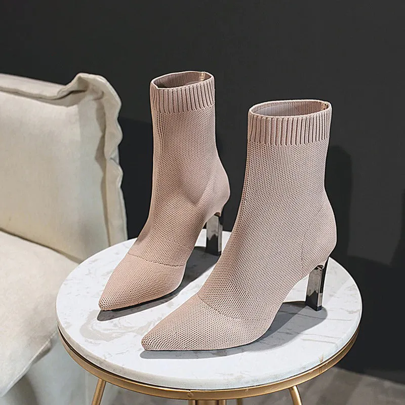 Elastic Stilettos Heel Pointed Toe Knitted Ankle Sock Boots