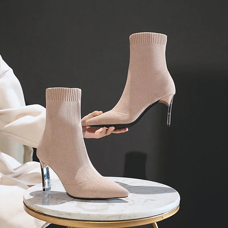 Elastic Stilettos Heel Pointed Toe Knitted Ankle Sock Boots