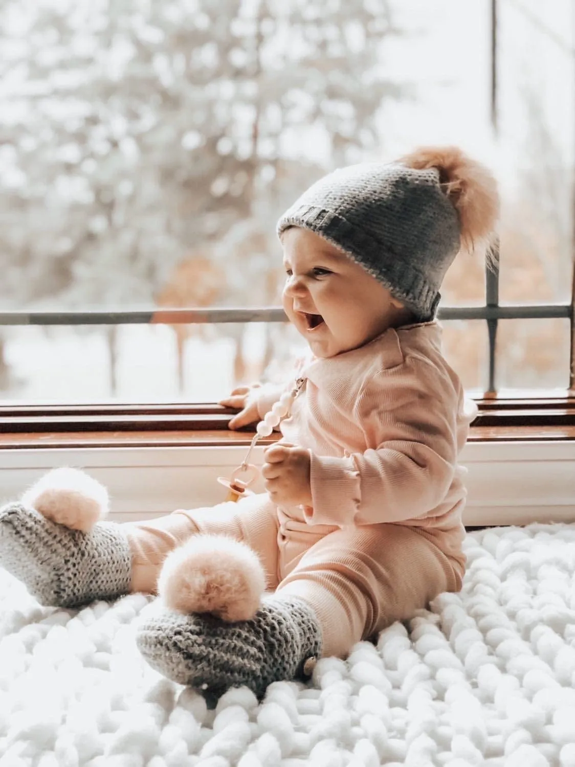 Grey Angora Pom Pom Booties With Pink Pom