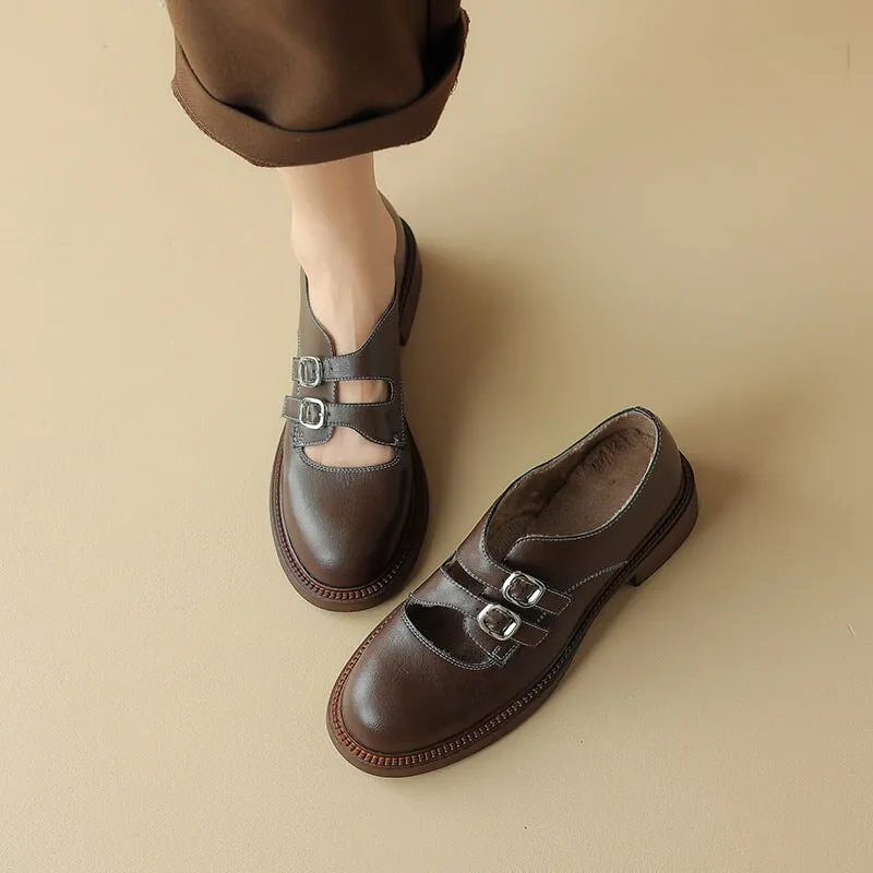 Handmade Leather Double Monk Strap Shoes For Women in Coffee/Black