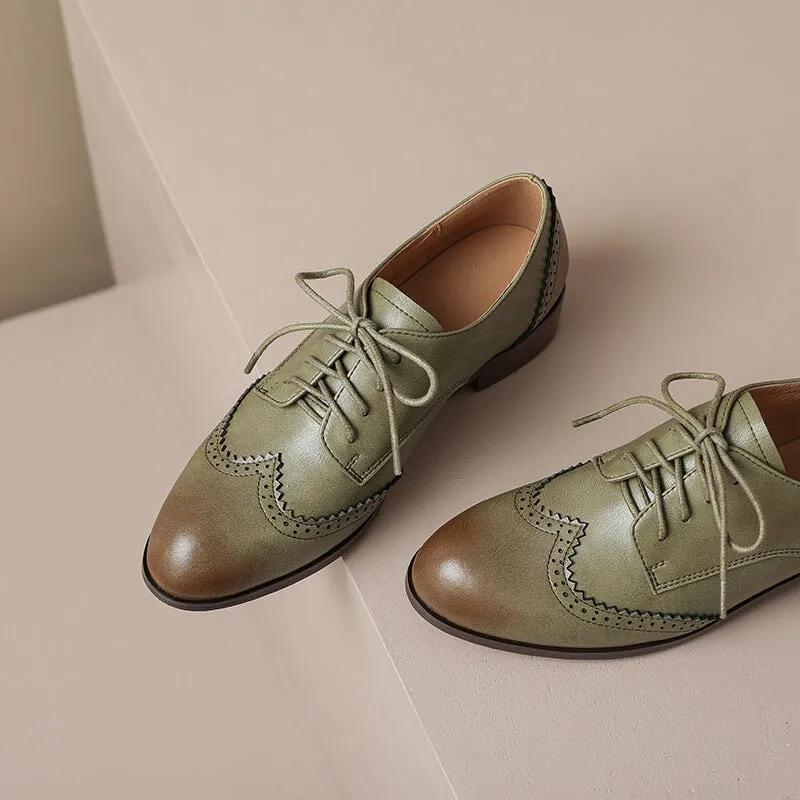 Handmade Wingtip Brogues Leather Lace Up Oxfords For Women in Green/Black/Brown