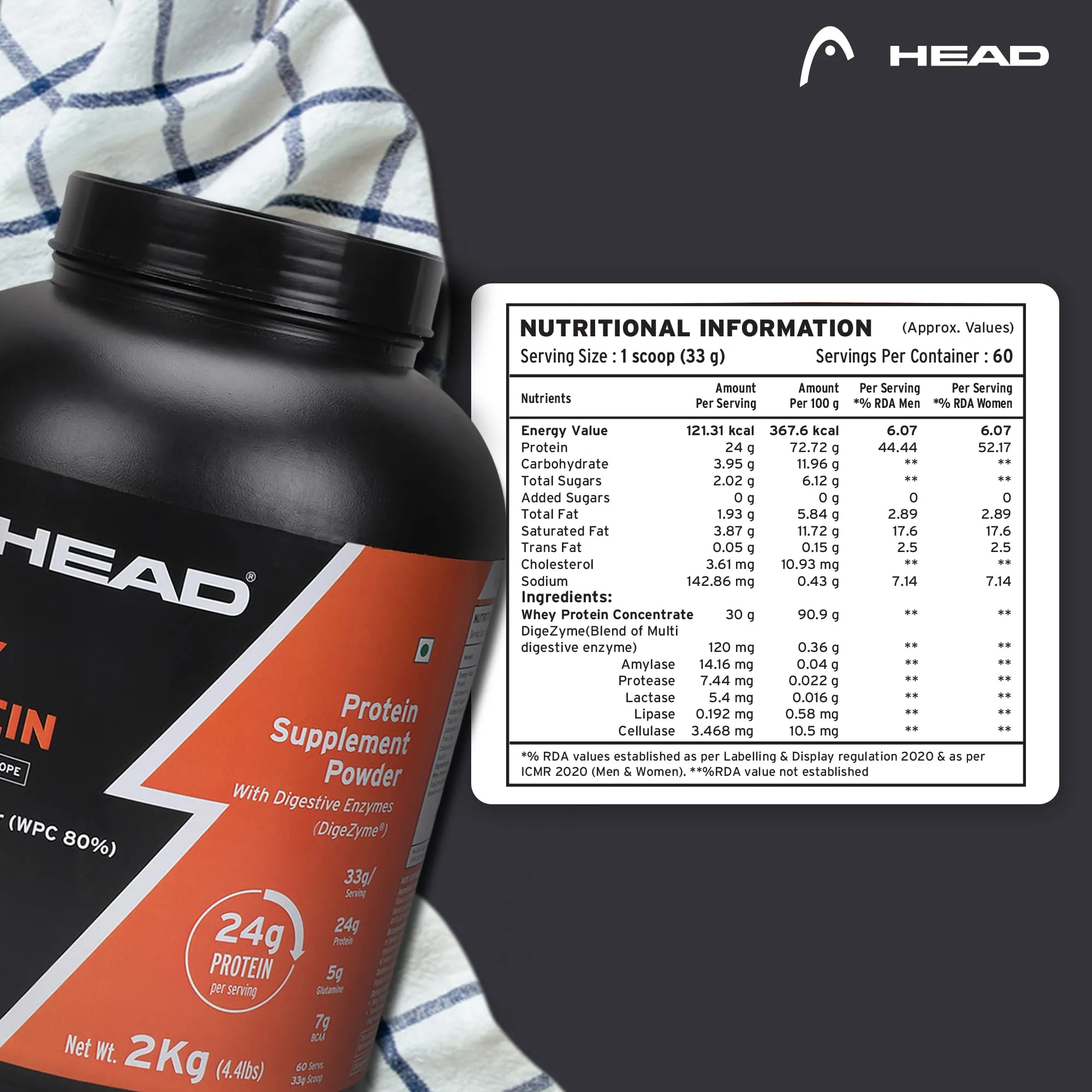 Head Premium 100% Whey Protein Concentrate Powder, Pack of 2Kg, Chocolate Cookie Cream Flavor, 60 Servings, for Athletes, Sports & Fitness Enthusiast, Muscle Strength & Bone Health, Sugarfree, for Daily Protein Intake