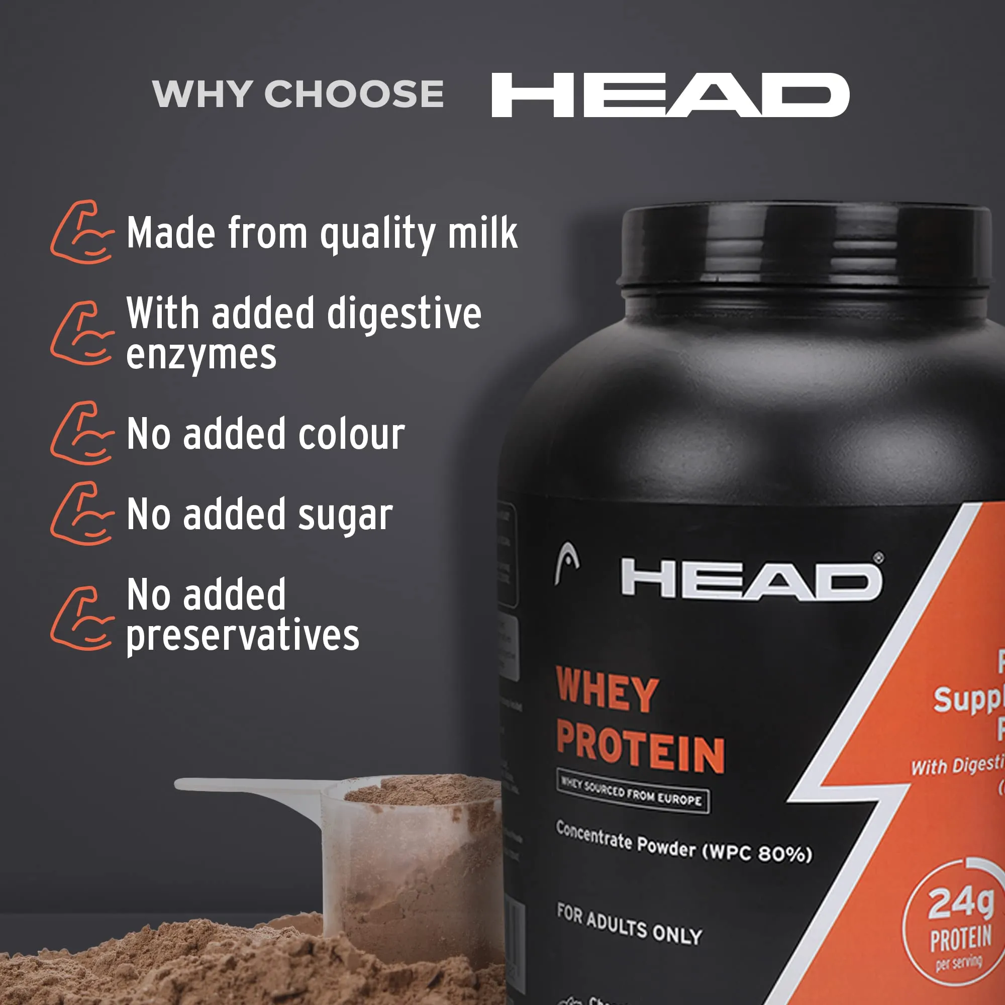 Head Premium 100% Whey Protein Concentrate Powder, Pack of 2Kg, Chocolate Cookie Cream Flavor, 60 Servings, for Athletes, Sports & Fitness Enthusiast, Muscle Strength & Bone Health, Sugarfree, for Daily Protein Intake