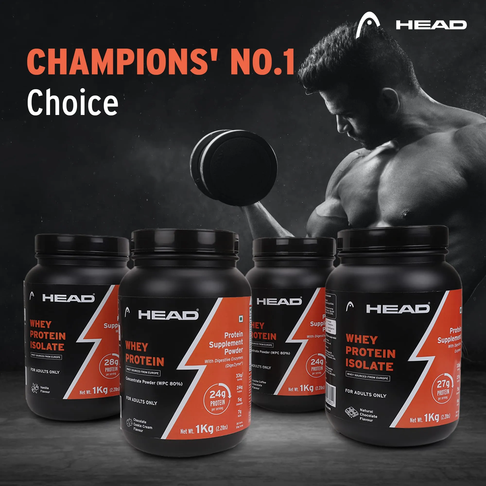 Head Premium 100% Whey Protein Concentrate Powder, Pack of 2Kg, Chocolate Cookie Cream Flavor, 60 Servings, for Athletes, Sports & Fitness Enthusiast, Muscle Strength & Bone Health, Sugarfree, for Daily Protein Intake