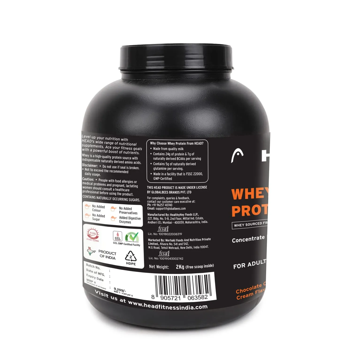 Head Premium 100% Whey Protein Concentrate Powder, Pack of 2Kg, Chocolate Cookie Cream Flavor, 60 Servings, for Athletes, Sports & Fitness Enthusiast, Muscle Strength & Bone Health, Sugarfree, for Daily Protein Intake