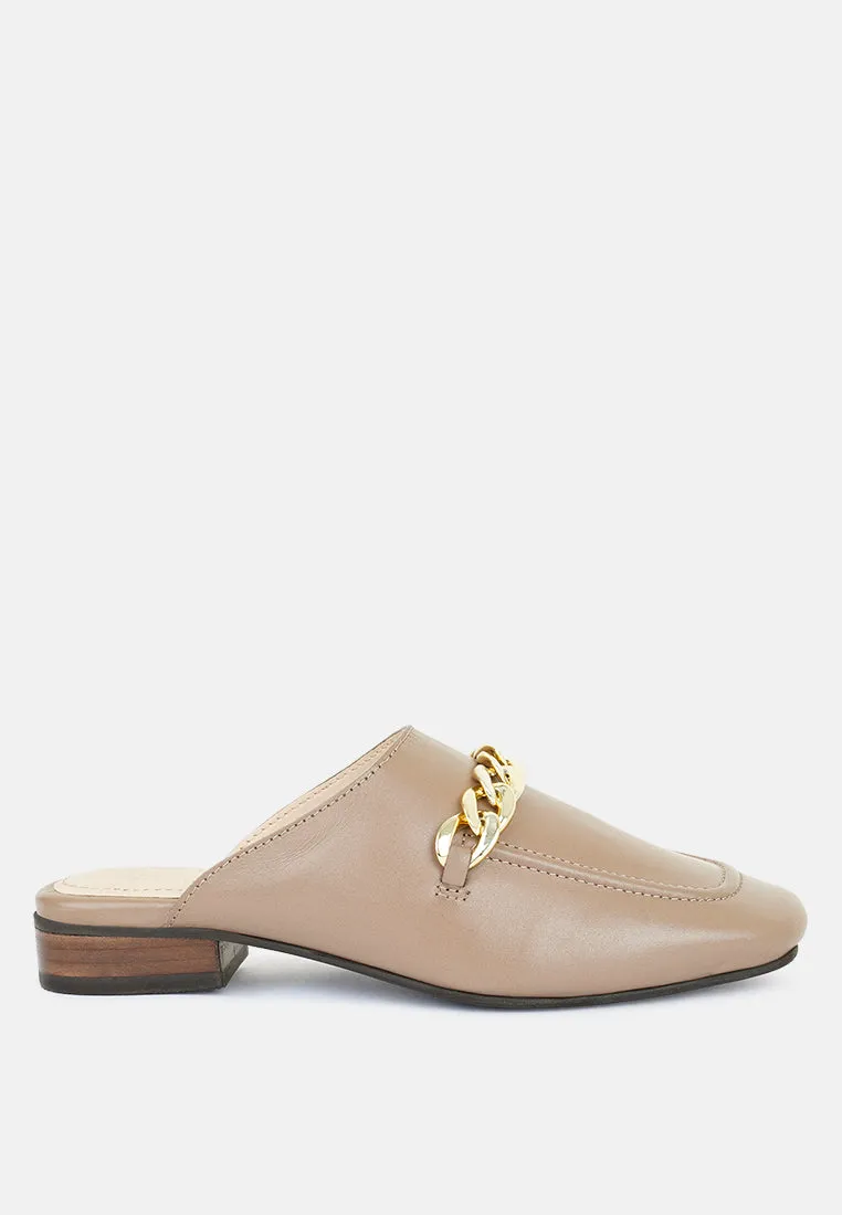 Honey Leather Chain Detail Mules in Taupe