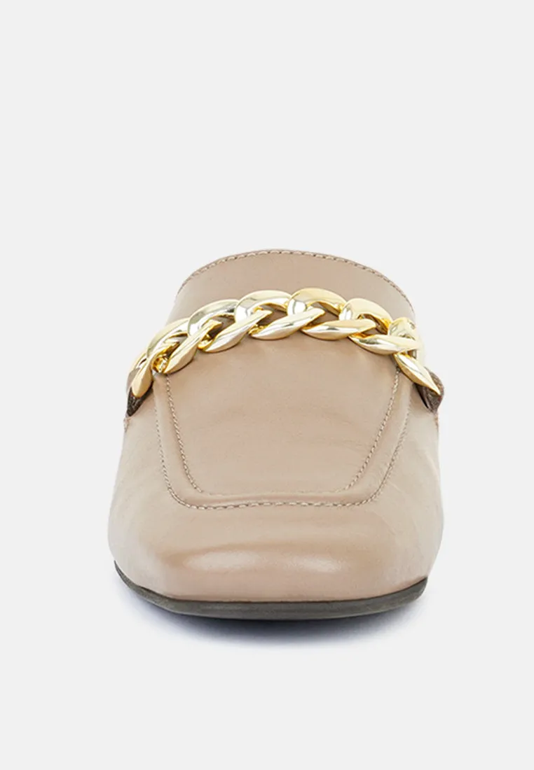 Honey Leather Chain Detail Mules in Taupe