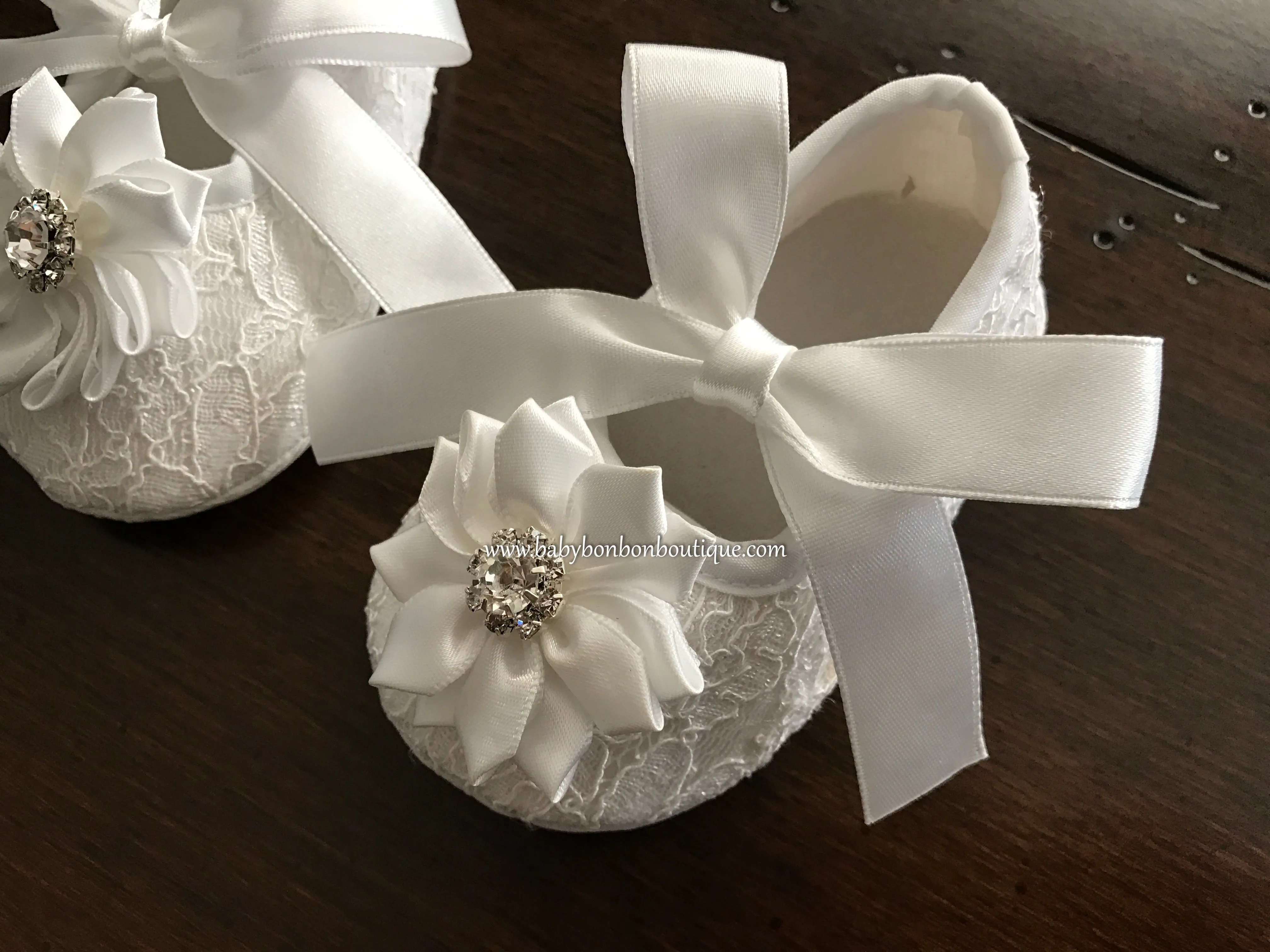 Ivory Baby Baptism Shoes with Flowers and Rhinestones