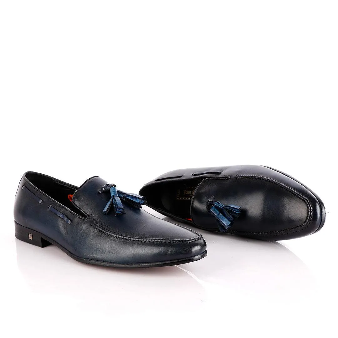 John Foster Blue Leather Slip on Tassel Shoe