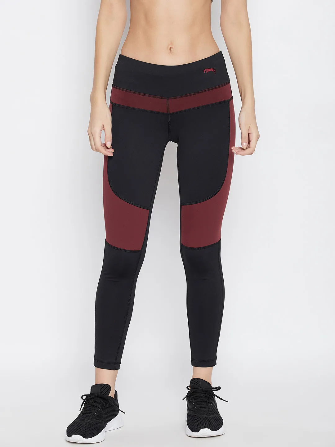 JUMP USA Women Black & Wine Colorblocked Activewear Gym Tights