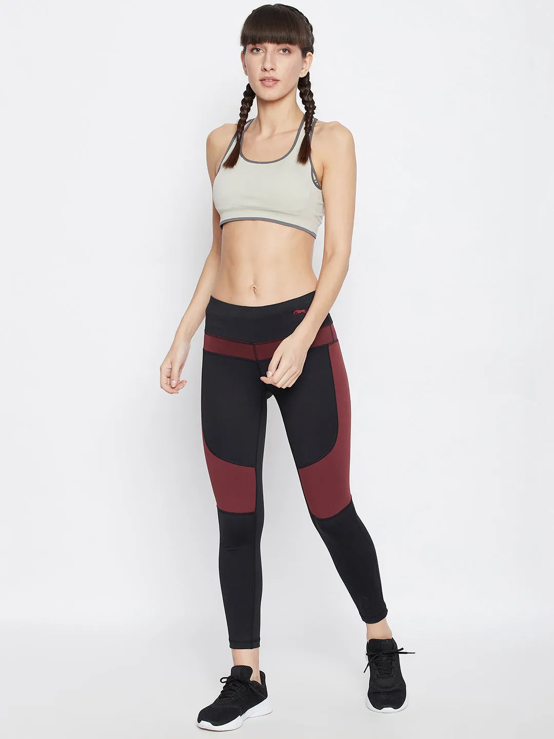 JUMP USA Women Black & Wine Colorblocked Activewear Gym Tights