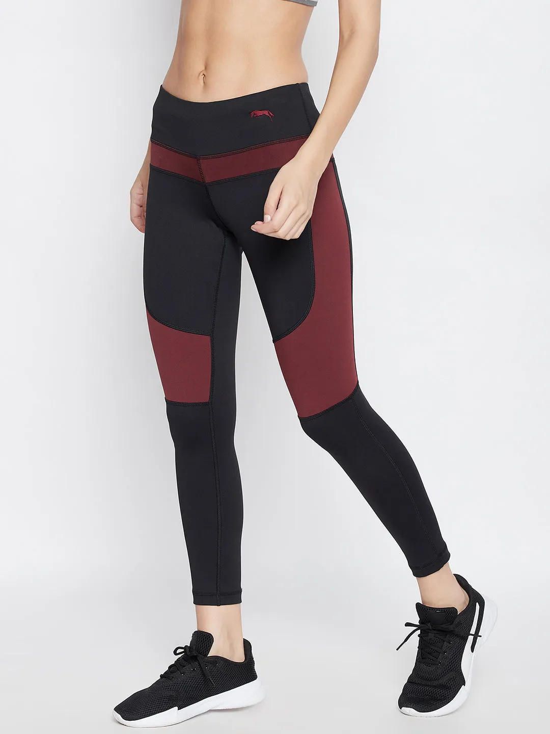 JUMP USA Women Black & Wine Colorblocked Activewear Gym Tights