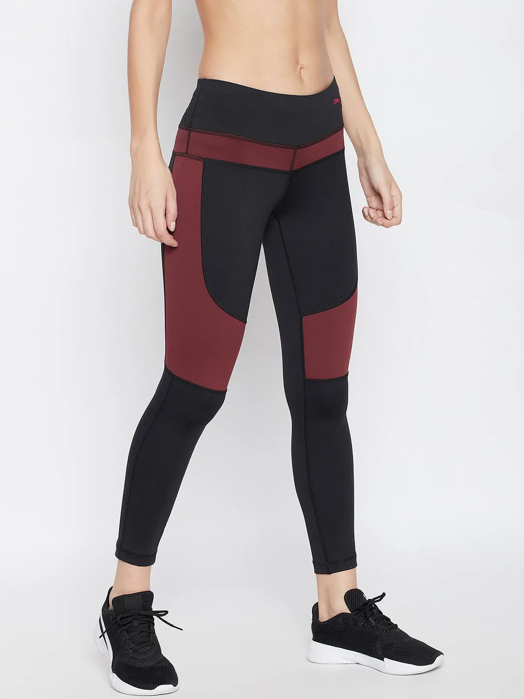 JUMP USA Women Black & Wine Colorblocked Activewear Gym Tights