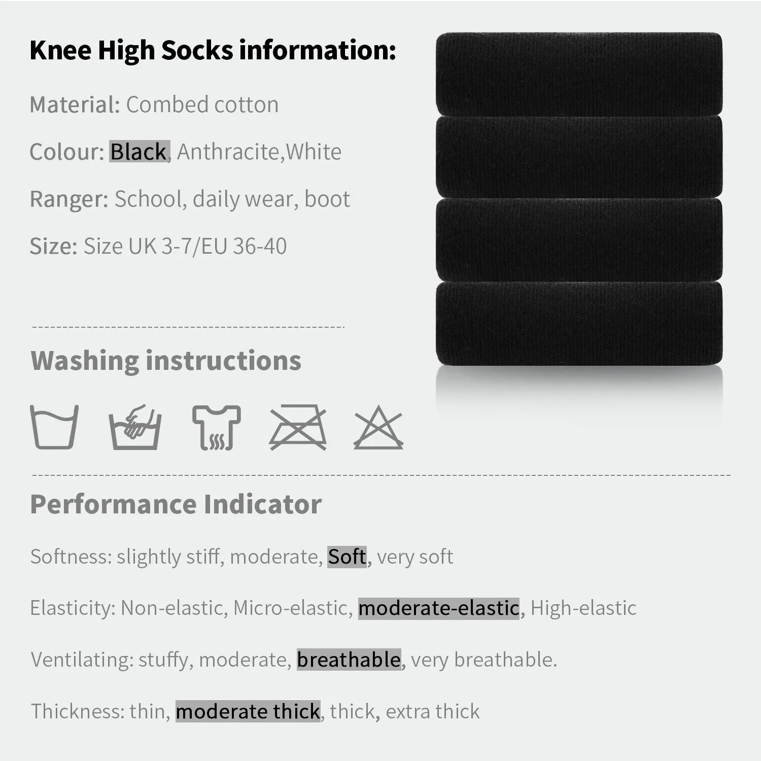 Laulax 4 Pairs Finest Combed Cotton Smooth Seamless Toe Knee High Socks, Size UK 3 - 7 / Europe 36 - 40