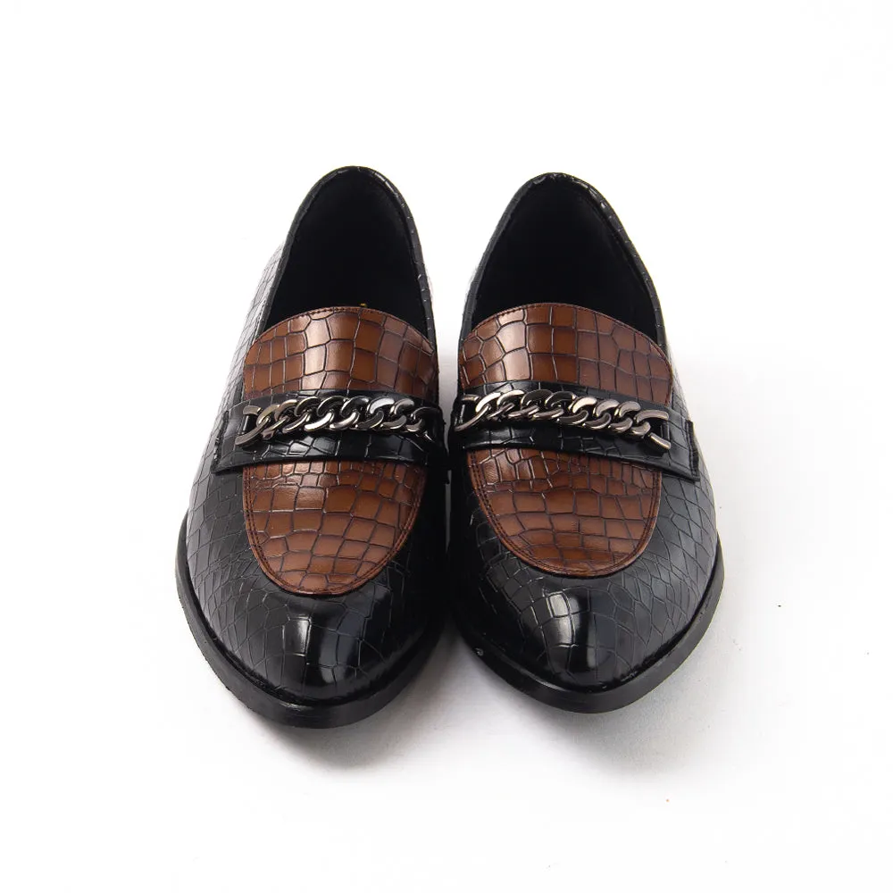 Monkstory Classic Croc Pointed Slip-Ons With chain - Black/Tan