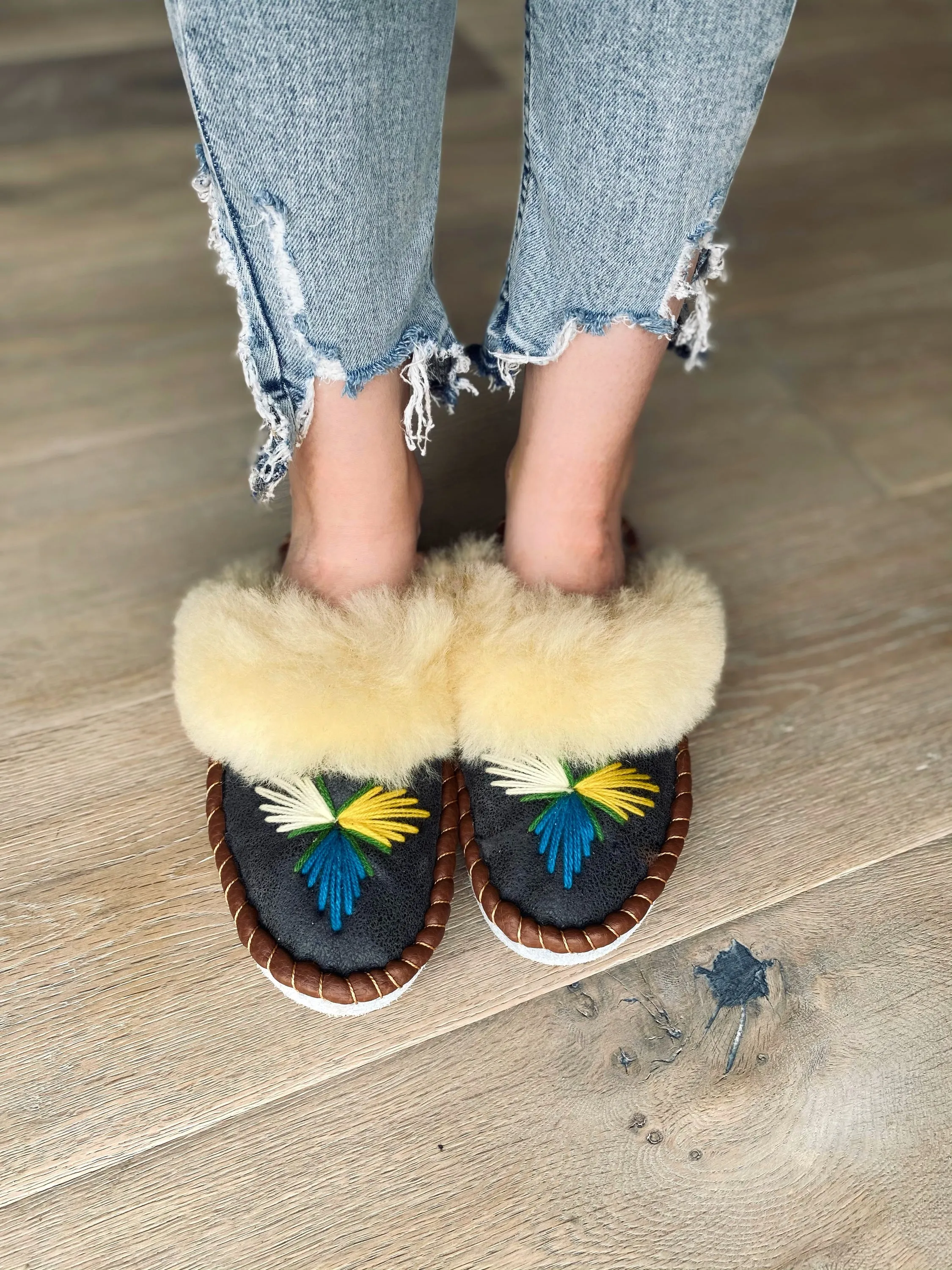 Natural Fur Brown Range Embroidered Slip on Slippers Lucky Dip