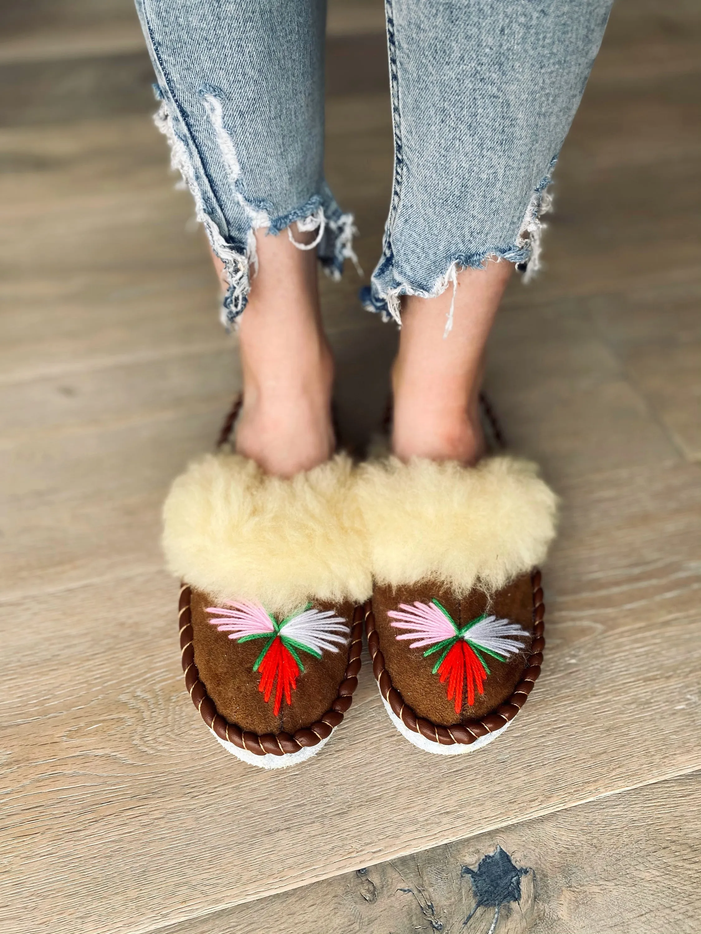 Natural Fur Brown Range Embroidered Slip on Slippers Lucky Dip