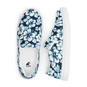 Navy Blue, Aqua and White Hawaiian Flowers Women's Slip On Canvas Shoes