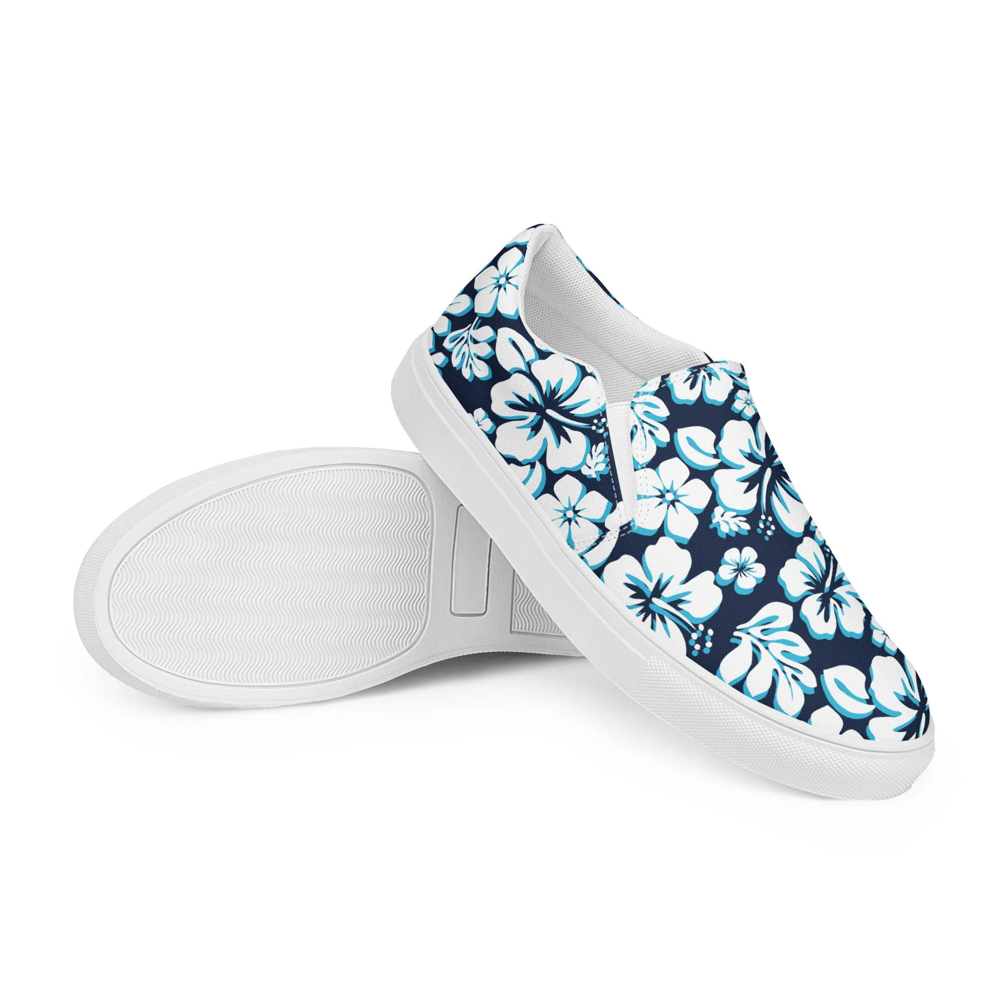 Navy Blue, Aqua and White Hawaiian Flowers Women's Slip On Canvas Shoes