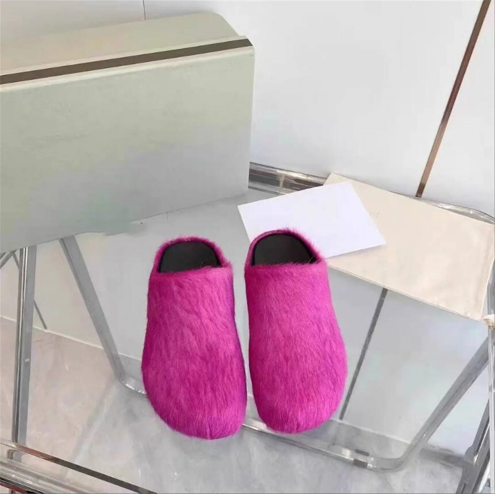 New Real Goat Hair Slides In Autumn And Winter Wear Thick Soled Solid Color Baotou Slippers