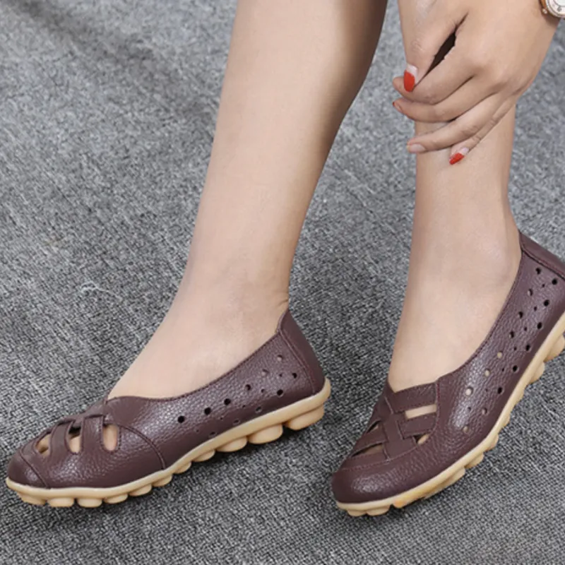 OCW Women Shoes Cut-out Leather Non-slip Flat Shoes