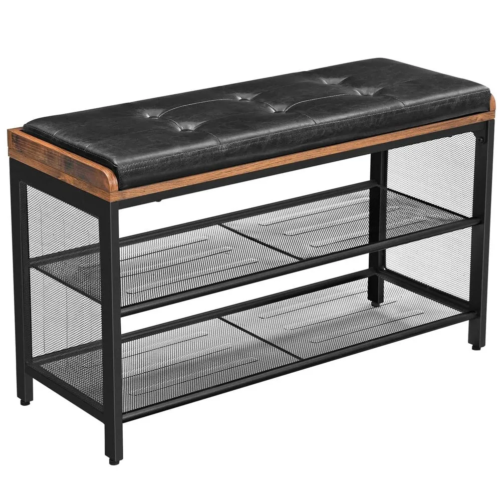 Padded Vintage Shoe Bench with Mesh Shelves – VASAGLE