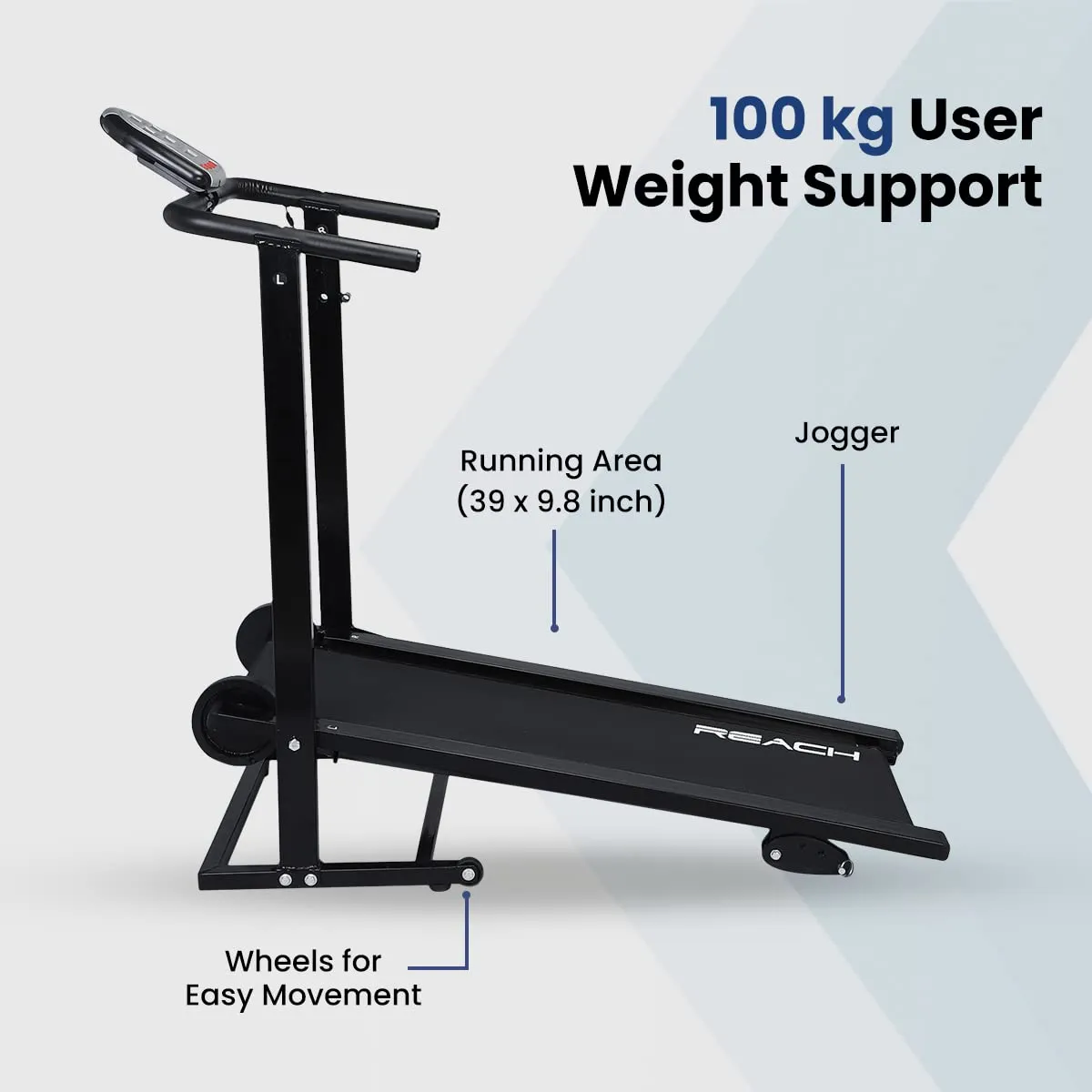 REACH T-90 Pt Manual Treadmill For Home Workout With Push-Up Bar & Twister|Foldable Treadmill With Wheels|Walking & Running Machine|Manual Incline|12 Months Warranty|Max User Weight 100Kg, Black