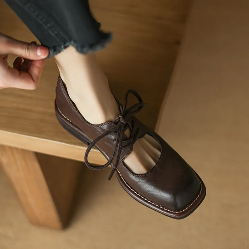 Retro Block Heel Leather Lace Up Mary Jane Shoes Handmade in Black/Coffee