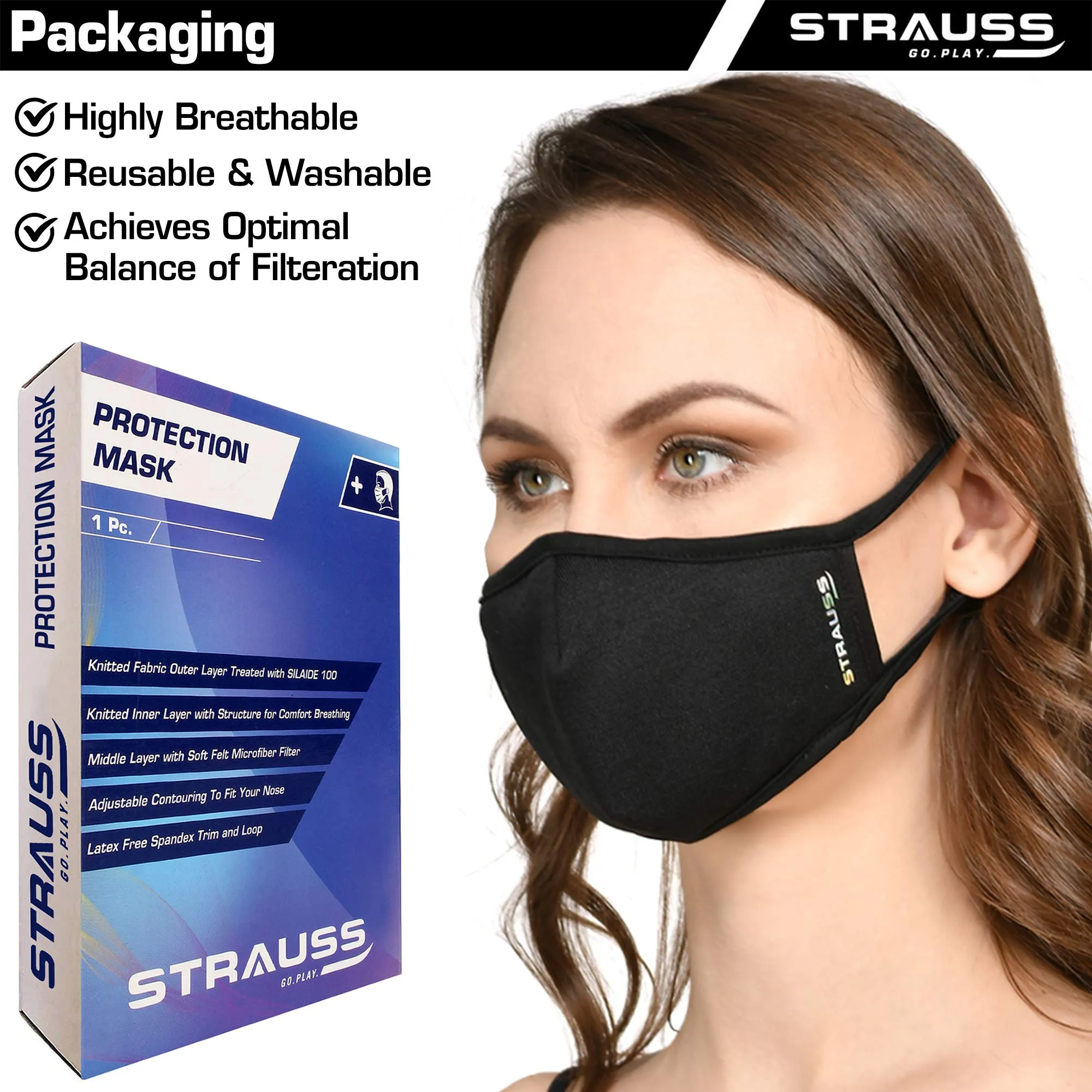 Strauss Adjustable Knee Support Patella, Free Size (Black), Pair With Face Protection Mask, Non Vent, Medium , (Black)