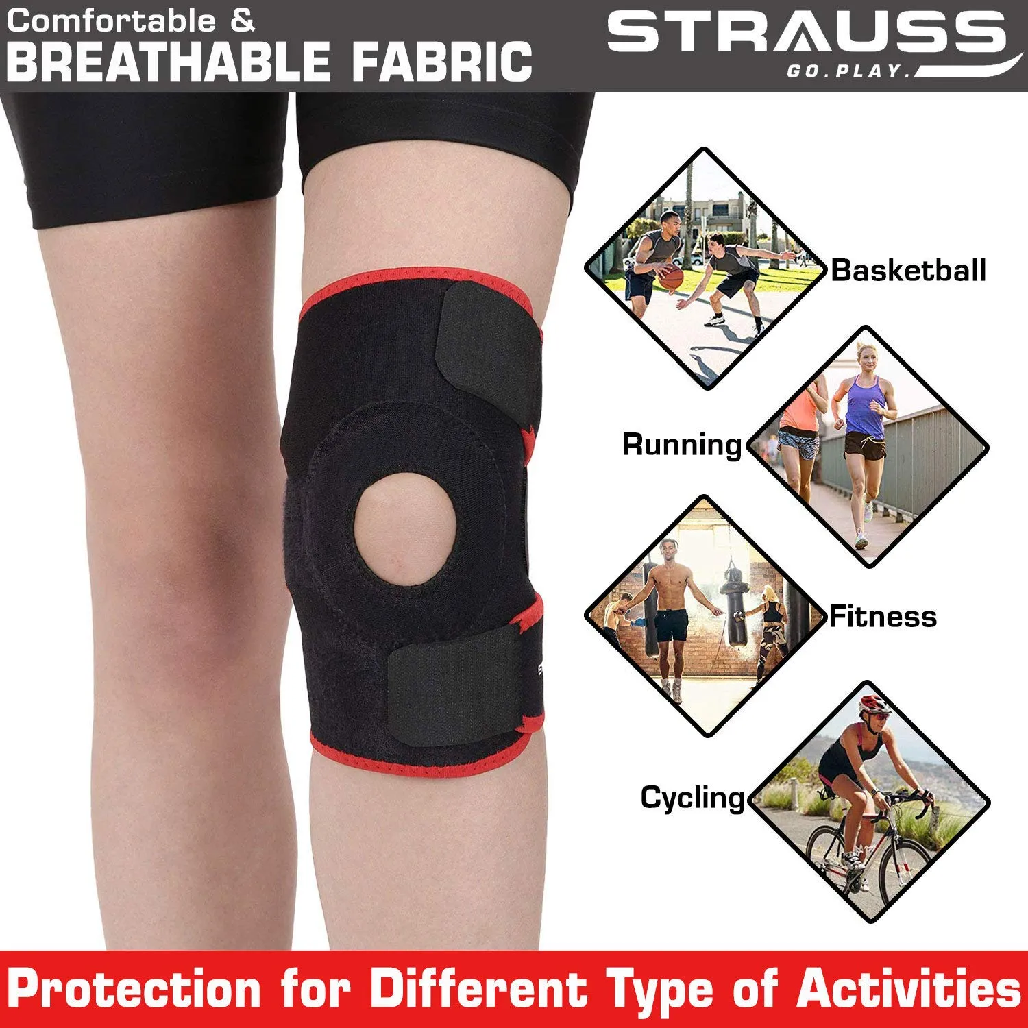 Strauss Adjustable Knee Support Patella, Free Size (Black), Pair With Face Protection Mask, Non Vent, Medium , (Black)