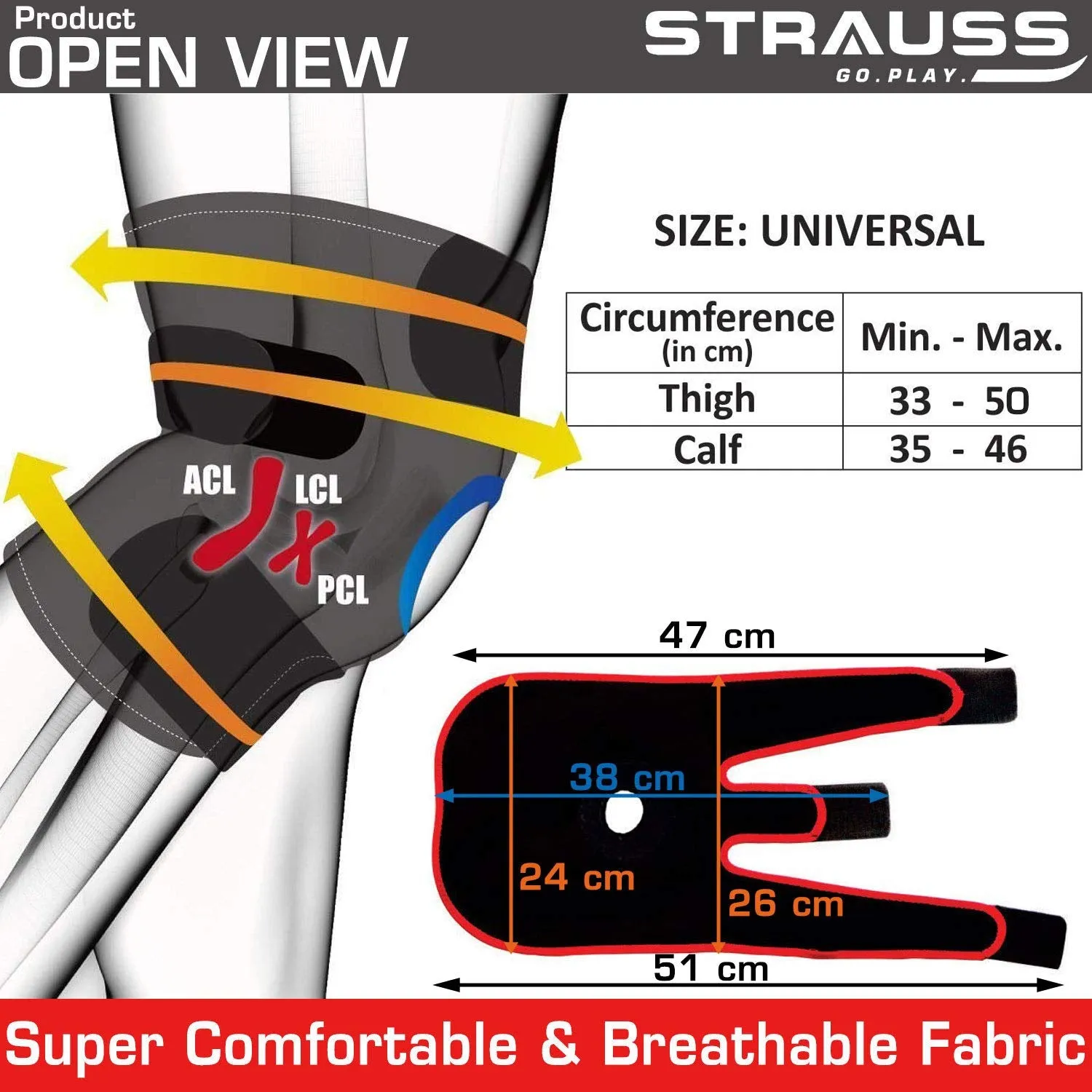 Strauss Adjustable Knee Support Patella, Free Size (Black), Pair With Face Protection Mask, Non Vent, Medium , (Black)